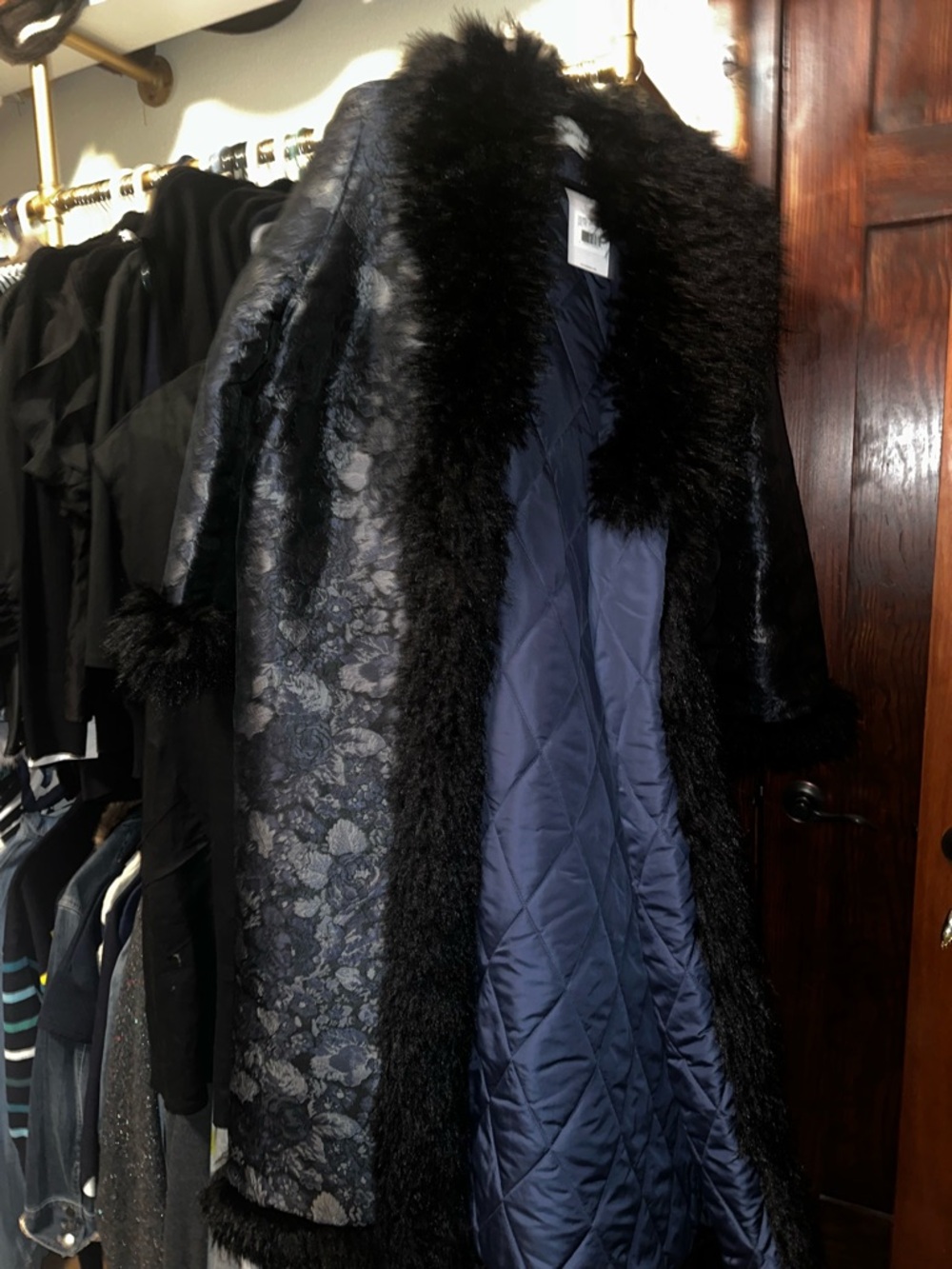 Navy Floral Jacquard Trench Coat with Black Faux Fur Trim - Picture 9 of 9